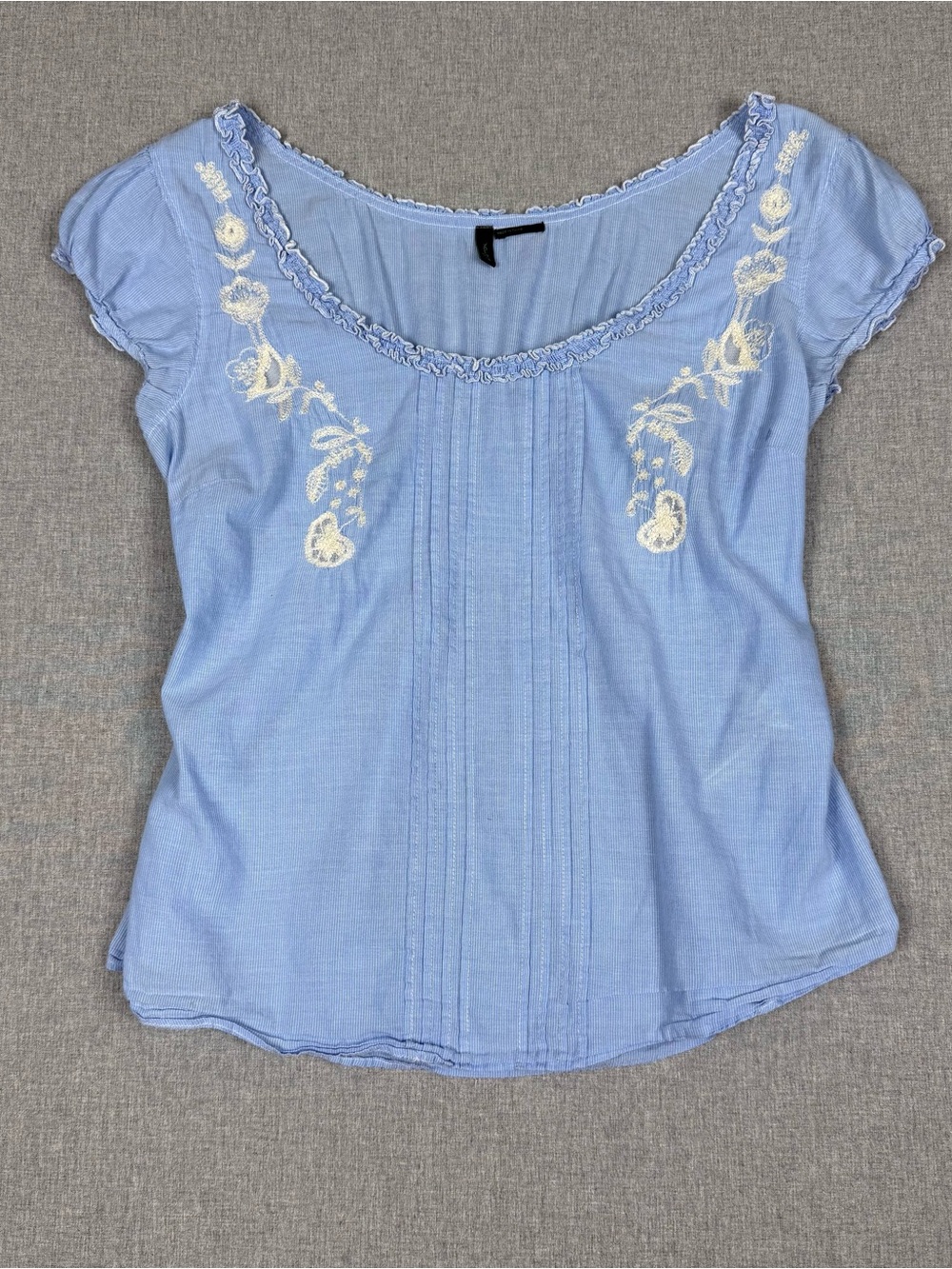 Vintage Stile Benetton Blue Embroidered Peasant Blouse S Y2K